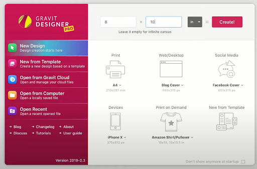 screenshot of Gravit Designer Pro software dashboard