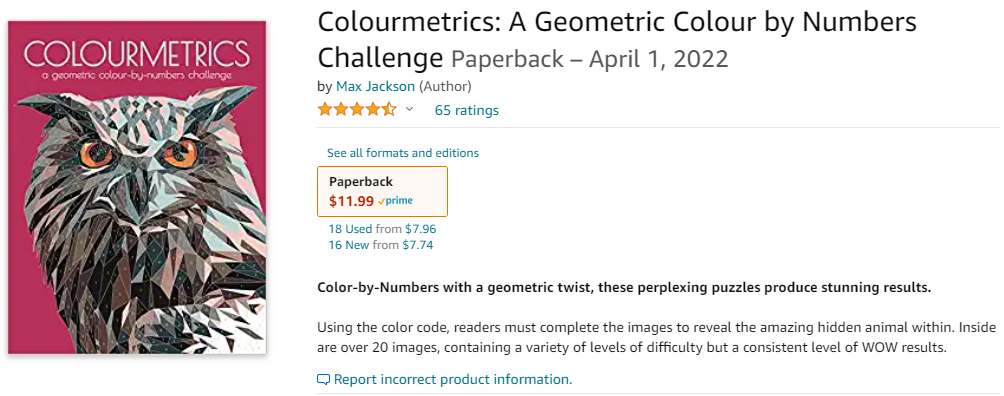 Color by numbers book listing on Amazon