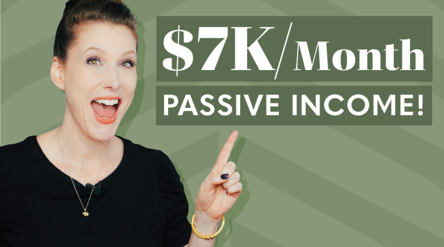 Rachel Harrison-Sund pointing to the words "$7K/Month Passive Income!"