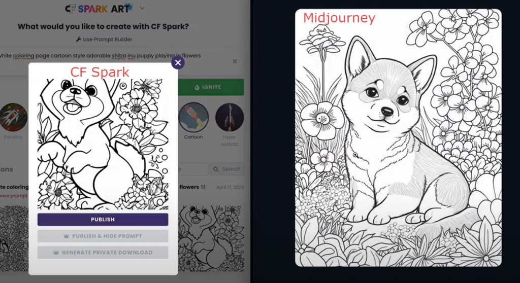 side-by-side AI images of a puppy surrounded by flowers created in CF Spark (on the left) and Midjourney AI (on the right)