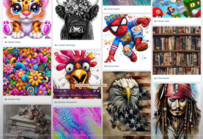 examples of artwork created with Creative Fabrica Spark - tiger cub, bull with flowers, baby Spiderman, books on shelves, bright flowers, crazy rooster, flowers on a table, abstract art -- blue/pink/yellow paint smears, eagle on US flag background, Captain Jack Sparrow
