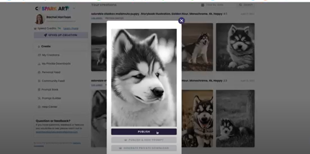 CF Spark Art webpage in the background; AI-generated image of a husky dog in the foreground