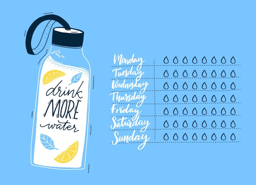 drawing of a water bottle with the words "drink more water" on it. Water tracking calendar next to the bottle