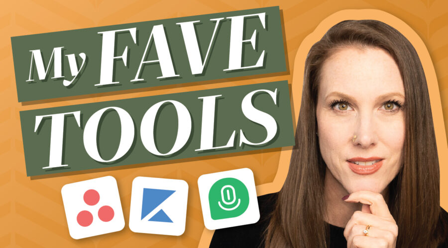 Image of Rachel Harrison-Sund with text "My Fave Tools" and icons for Asana, Kajabi, and Demio