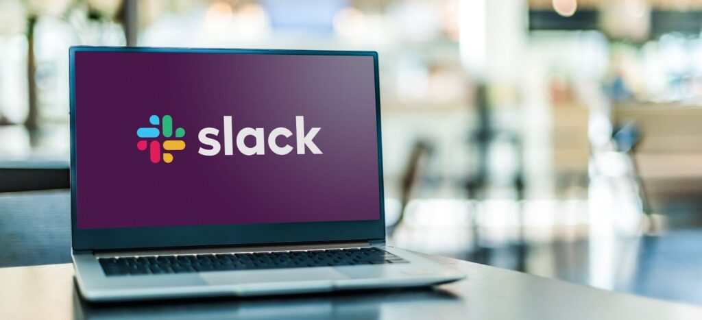 slack logo on laptop screen