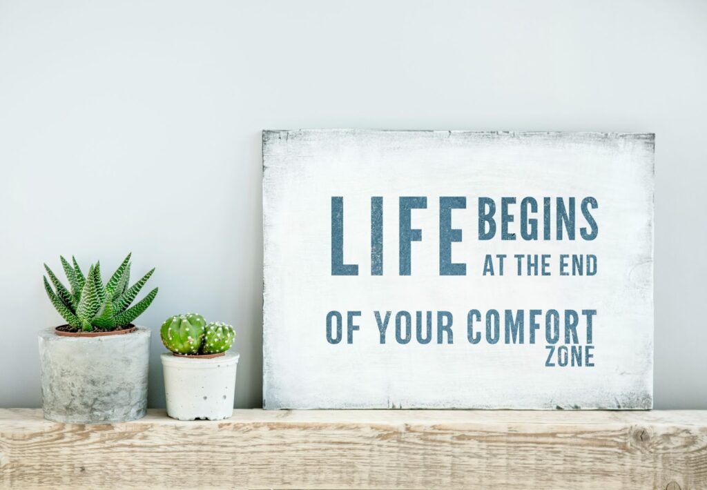 wood shelf with two potted cactus plants and wood sign with the text "Life begins at the end of your comfort zone"
