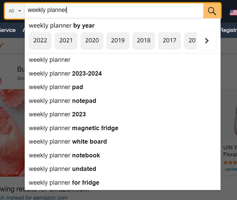 Amazon search bar showing search results for "weekly planner"