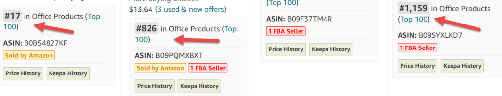 screenshot of Amazon products with red arrows pointing to the best sellers rank of each product