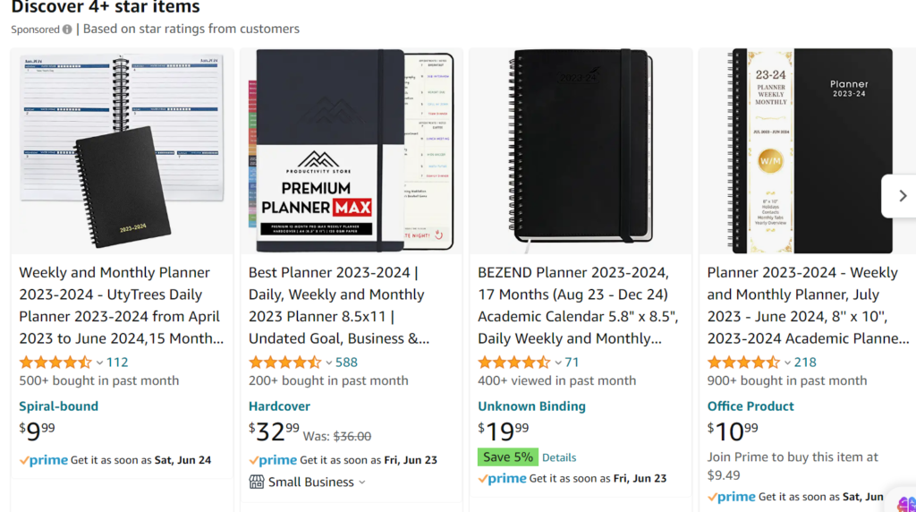screenshot of 4 planners on Amazon that are rated 4 stars or higher
