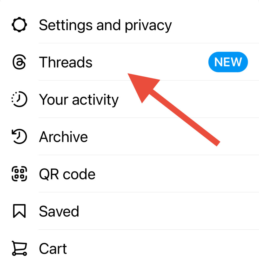 Instagram menu with a red arrow pointing to Threads