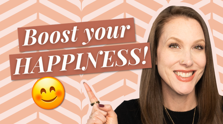 Image of Rachel Harrison Sund in front of pattern background. Text overlay "Boost your Happiness."