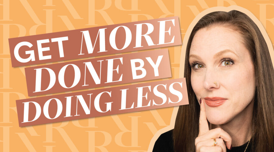 Image of Rachel Harrison Sund over yellow pattern background. Text overlay "Get More Done By Doing Less."