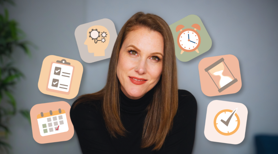 Thumbnail image of Rachel Harrison-Sund's new video about 11 Life Changing Habits That Save Her 20+ hours a week. Picture shows Rachel smiling with icons around her. Icons show a calendar, checklist, brain processing, clock, sand-time, and a stop watch.
