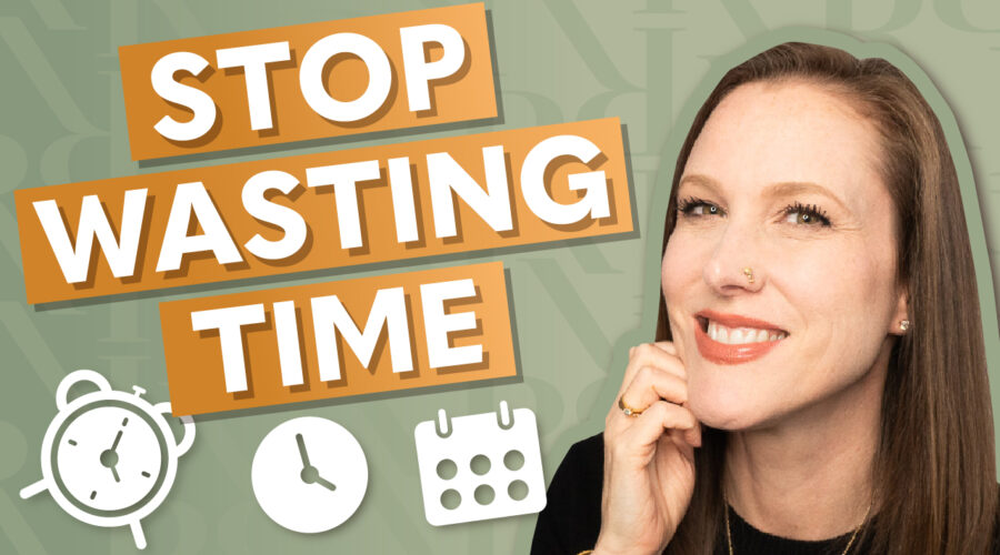 Thumbnail image for Rachel Harrison-Sund's YouTube Video "Time Management for The Highly Distractible." Shows a picture of Rachel against a patterned background. Text overlay reads "Stop Wasting Time," with icon pictures of a clock, calendar, and timer.