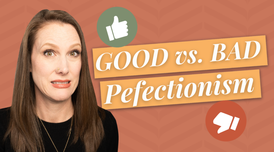 Video Thumbnail for Rachel Harrison Sund's Video Title How to Get Things Done as A Perfectionist. Thumbnail displays a picture of Rachel over a patterned background, with a text overlay that reads "Good vs. Bad Perfectionism." Overlay icons of a thumbs up and thumbs down.
