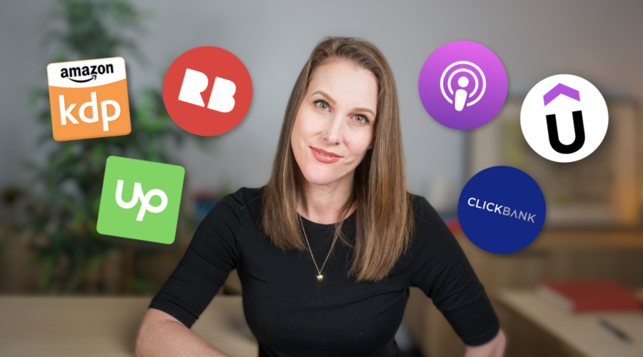 Rachel Harrison Sund's Featured Image for her latest blog post "6 Best Online Business Ideas for 2024." Image features Rachel smiling at camera with 6 icons floating around her, of various platforms she mentions in the post.