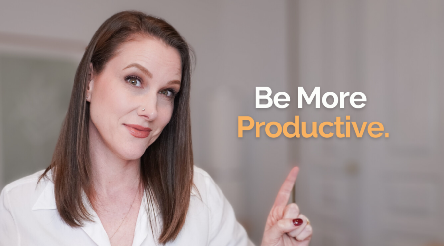 Featured image for Rachel Harrison Sund's blog post called 6 Unconventional Productivity Tips. Picture features Rachel Harrison-Sund pointing to the text overlay "be more productive."